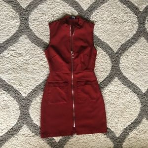 Burgundy Zip up Dress with Pockets.